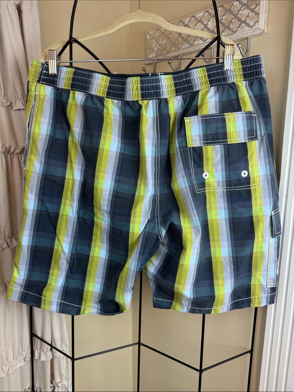 Tommy Bahama Plaid Swim Board Shorts in Navy, Lime & Light Blue Size XL EUC